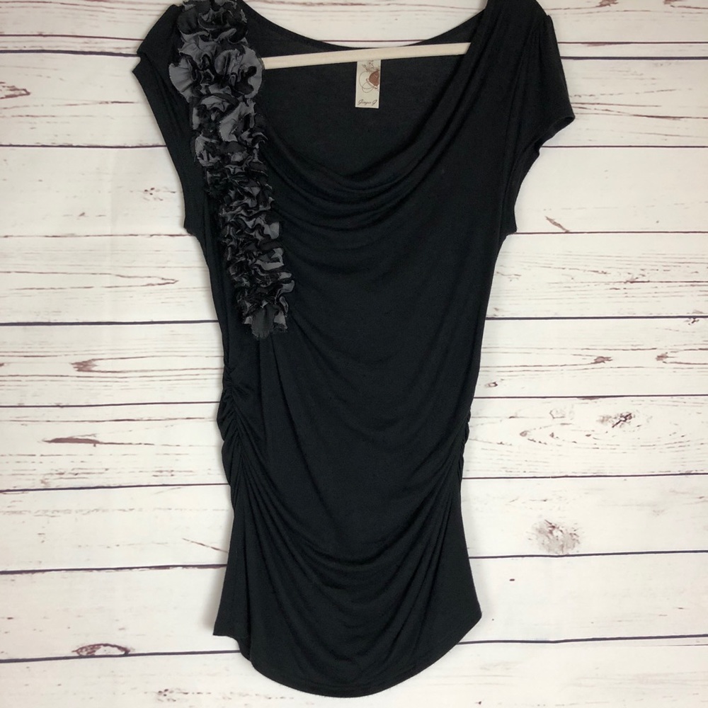 Ginger G Top Draped Ruched Embellished Ruffles
